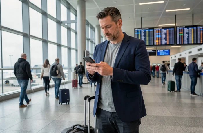 Voyageur consultant un portail d'escales internationales sur smartphone dans un aéroport