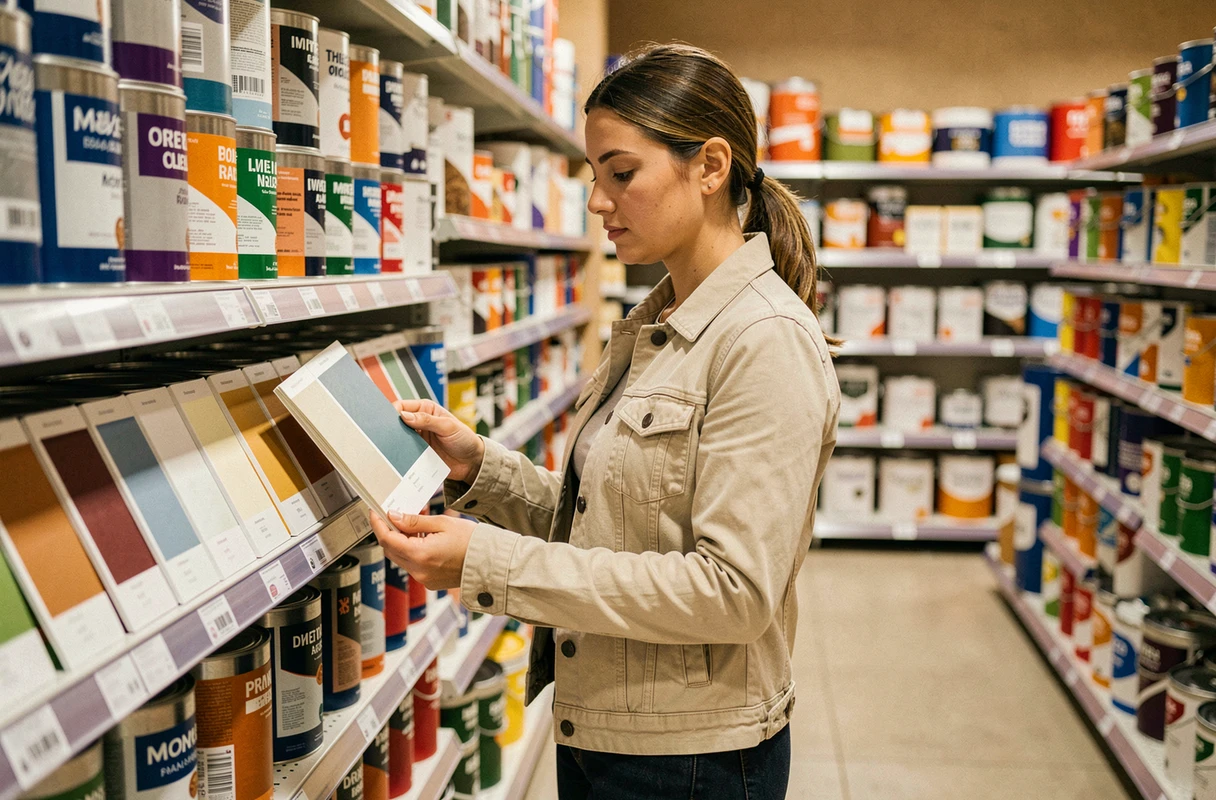 Cliente consultant des échantillons de peinture dans le magasin Weldom de Peyrolles-en-Provence